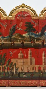 Biombo with Views of Mexico City (olja på röd maki-e-lack på panel, med förgyllda träfästen och linnebaksida) av Colonial Spanish