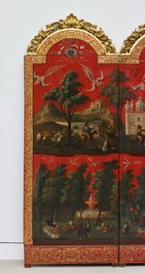 Biombo with Views of Mexico City (olja på röd maki-e-lack på panel, med förgyllda träfästen och linnebaksida) av Colonial Spanish