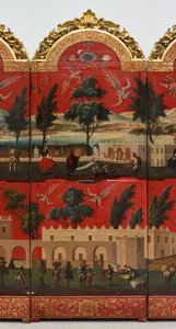 Biombo with Views of Mexico City (olja på röd maki-e-lack på panel, med förgyllda träfästen och linnebaksida) av Colonial Spanish