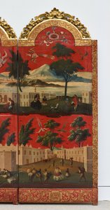 Biombo with Views of Mexico City (olja på röd maki-e-lack på panel, med förgyllda träfästen och linnebaksida) av Colonial Spanish