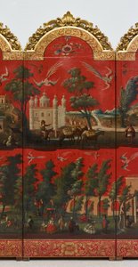 Biombo with Views of Mexico City (olja på röd maki-e-lack på panel, med förgyllda träfästen och linnebaksida) av Colonial Spanish