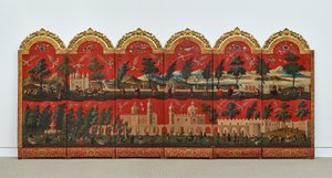Biombo with Views of Mexico City (olja på röd maki-e-lack på panel, med förgyllda träfästen och linnebaksida) av Colonial Spanish