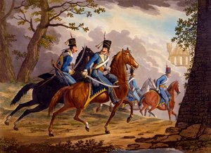 Österrikiska husarer i förföljelse av fienden, 1799 (handkolorerad akvatint)