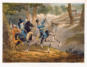 Saxiska husarer attackeras av franskt infanteri från en bakhåll, från "Military Evolutions", pub. Ackermann, London, 1799-1802