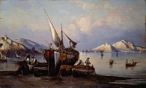 Fiskare i Nerano med ön Capri i bakgrunden (olja på duk)