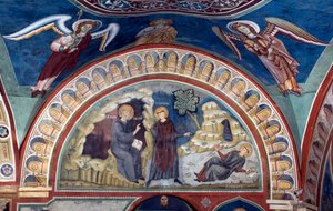 Das Wunder des heiligen Placide. Der heilige Benedikt von Nursia rettet dank der Intervention von Saint Maur seinen ersten Jünger den jungen Placide, der im Strom eines Sees gefangen ist. Fresko von Meister Consolo (13. Jahrhundert) von Consolo 