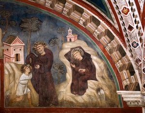 Der Mönch Romano übergab das Habit dem jungen Benedikt von Nursia in der Region Subiaco, er zog sich in eine Höhle zurück. Fresko von Meister Consolo (13. Jahrhundert) Unterkirche. Kloster von Saint Benedetto (Sacro Speco), Subiaco (Rom), Italien von Consolo 