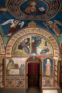 Olika episoder av Saint Benoits liv: i centrum "The miracle of Saint Placide"" Saint Benoit of Nursie, tack vare Saint Maurs ingripande, hans första lärjunge, räddar den unge Placide som fångas i strömmen av en sjö. Nedan är miraklet av Consolo