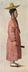 En koreansk pojke brudgum med sin pittoreska hatt (färg litho) av Constance J.D. Coulson