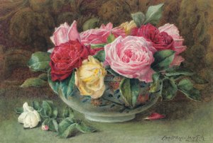 Stilleben med en skål med rosa, gula och röda rosor, 1883 av Constance Lawson