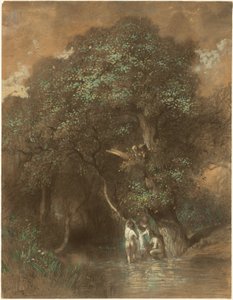 Badande vid en jättelik ek, ca 1842-1844 (kol på papper)
