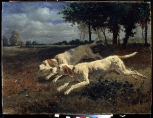 Löpande hundar. Målning av Constant Troyon (1810-1865). Olja på duk, 75 x 11 cm av Constant Emile Troyon