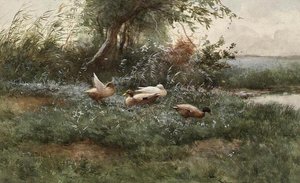 Ducks by a Pond (olja på duk) av Constant Artz