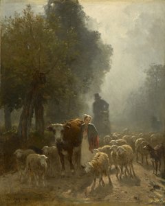 Går till marknaden på en dimmig morgon, 1851 av Constant Emile Troyon