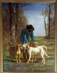 Jägarvakter stannar till vid hans hundar. Målning av Constant Troyon (1810-1865)