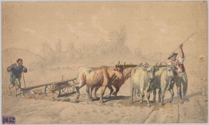 Fyra oxar som drar en plog, 1853.