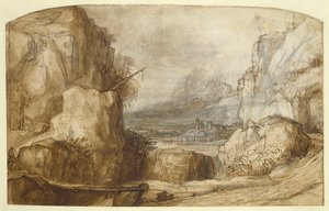 Bergigt landskap (penna, brunt bläck, pensel och krita på papper) av Constantin Daniel van Renesse