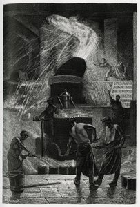 Gjutningen av stål vid cockerillanläggningarna i Seraing. Gravyr av C.Meunier för att illustrera berättelsen ""La Belgique"", av Camille Lemonnier (1844-1913), författare och konstkritiker. av Constantin Emile Meunier