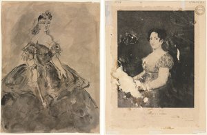 På balen (recto); Kvinnan med ett fan, efter Goya (verso) av Constantin Guys