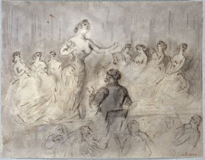 Scen från en kafékonsert, orkester och sångerskor, omkring 1875-1880 av Constantin Guys