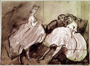 Två prostituerade och en förförelse Scenklient på en bordell. Teckning av Constantin Guys (1805-1892) 1800-talets Paris, Musee Carnavalet
