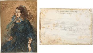 Kvinna i en blå klänning (recto); Krigslägerscen (verso) av Constantin Guys
