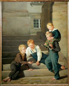 Pojkar spelar tärning framför Christiansborgs slott i Köpenhamn (målning på duk) av Constantin Hansen