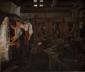 Interiören av den gamla hammarkvarnen i Hellebæk av Constantin Hansen