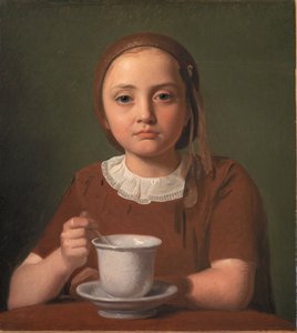 Porträtt av en liten flicka, Elise Købke, med en kopp framför sig