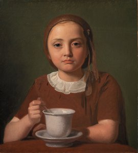 Porträtt av en liten flicka, Elise Købke, med en kopp framför sig, 1850