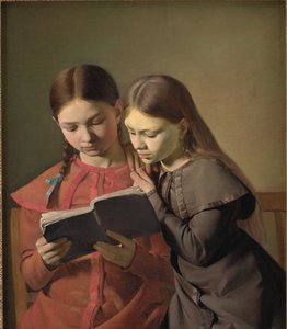 Konstnärens systrar Signe och Henriette läser en bok