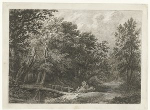 Skogsutsikt med träbro av Constantinus Cornelis Huysmans