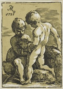 Två barn klappar ett lamm av Conte Antonio Maria Zanetti the Elder