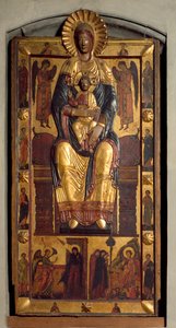 Jungfru på tronen med barnet, två änglar, apostlarna. Bebådelsen och de heliga kvinnorna vid graven. Polykromt trä med låg relief av Coppo di Marcovaldo (attr.to)