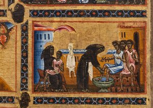 Bardi St Francis altartavla och tjugo berättelser om hans liv, Bardi Chapel, Detalj av Saint Saint som undervisar spetälska, medan han håller en i famnen och tvättar fötterna på de andra