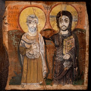 Koptisk konst: "" Kristus och Abbe Mena"" Saint Menas (Minas, Mina, Mena, Mennas), egyptisk martyr från 300-talet. Fragment av färg på trä (detrempe på fikonträd) från 600- eller 700-talet Mått: 57x57cm. Från Baouit-platsen i Egypten. - Koptisk konst: "" C