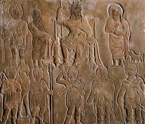 Relief som visar en gudomliggjort romersk kejsare som får hyllning från egyptiska nomader av Coptic