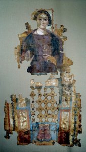 Koptisk konst: fragment av målat linnehölje som föreställer en ung kvinna kallade damen ett kors ansee. Från Antinoupolis. 4:e århundradet e.Kr. Paris, Louvren