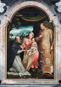 Jungfru och barn mellan Saint Vincent Ferrier (1350-1419) och Saint Vincent av Zaragoza (300-talet) (Jungfru med barn med Vincent av Zaragoza och Vincent Ferrer) Målning av Coriolano Malagavazzo (1500-talet) 1595 Elatellanis kapell, basilikan av Coriolano Malagavazzo