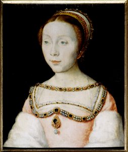 Porträtt av Francoise de Longwy, hustru till amiral Philippe Chabot, änka 1543, gift om sig 1545 med Jacques de Peruse, lord of Ecars. Målning av Corneille De Lyon (Corneille de Haag) (1500/1510-1574). Olja på trä. Mått: 0,13 x 0,16 m. Versailles, Mus