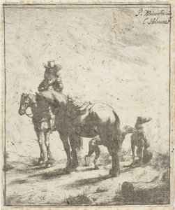 Ryttare med två hästar och två hundar av Cornelis A. Hellemans