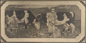 Fotoreproduktion av designritning med bondfruar och kor för målat glasfönster av Richard Roland Holst av Cornelis Albertus Deul