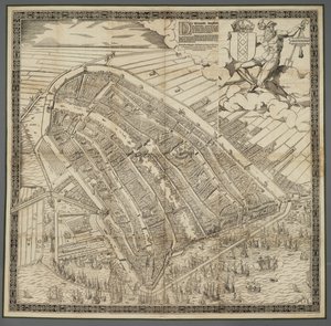Tyska: Die berühmte Handelsstadt Amsterdam
Nederländska: De vermaerde koopstadt van Amstelredam av Cornelis Anthonisz.