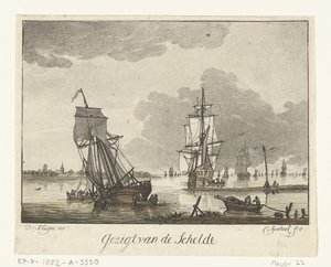 Utsikt över Schelde med segelfartyg Utsikt över Schelde (titel på objekt) av Cornelis Apostool