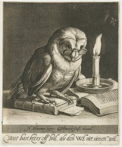 Uggla med glasögon och böcker. Omkring 1625