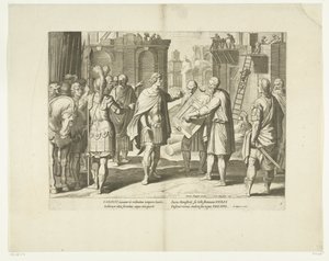 Karel V laat een klooster bouwen, 1555, nr. 8 Scener uit het leven van Karel V (serietitel) Kejsar Karl V:s liv i mycket vackra intaglios, graverade på den berömda A. Tempestes mönster, av två av de skickligaste mästarna J. de Gein &
