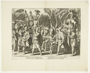 Triomfwagen van Karel V en Ferdinand, na de bevrijding van Wenen van de Turken, ca. 1532, nr. 7 Scener uit het leven van Karel V (serietitel) Kejsar Karl V:s liv i mycket vackra intaglios, ingraverat på mönster av den berömda A. Tempest av Cornelis Boel
