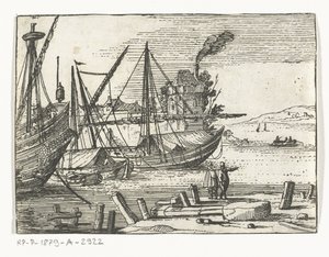 Hamnvy med två segelfartyg och en galjon, två män som står på kajen Landscapes and Marines (serietitel) av Cornelis Bol (attributed to)