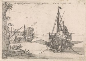 Galei är förankrad i en vik Harbour Views (serietitel) av Cornelis Bol