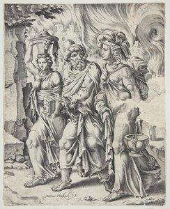 Lot och hans döttrar lämnar det brinnande Sodom av Cornelis Bos